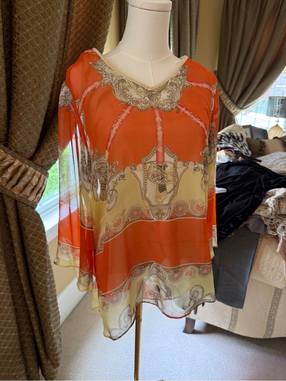 Neiman Marcus Orange and Cream Sheer Printed Blouse